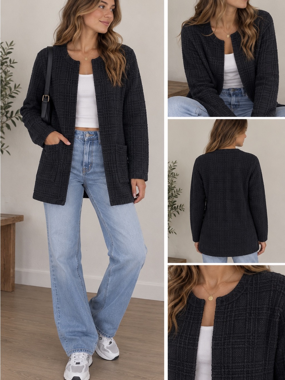Ann Taylor Black Textured Open-Front Knit Blazer Jacket. Cottagecore Capsule M